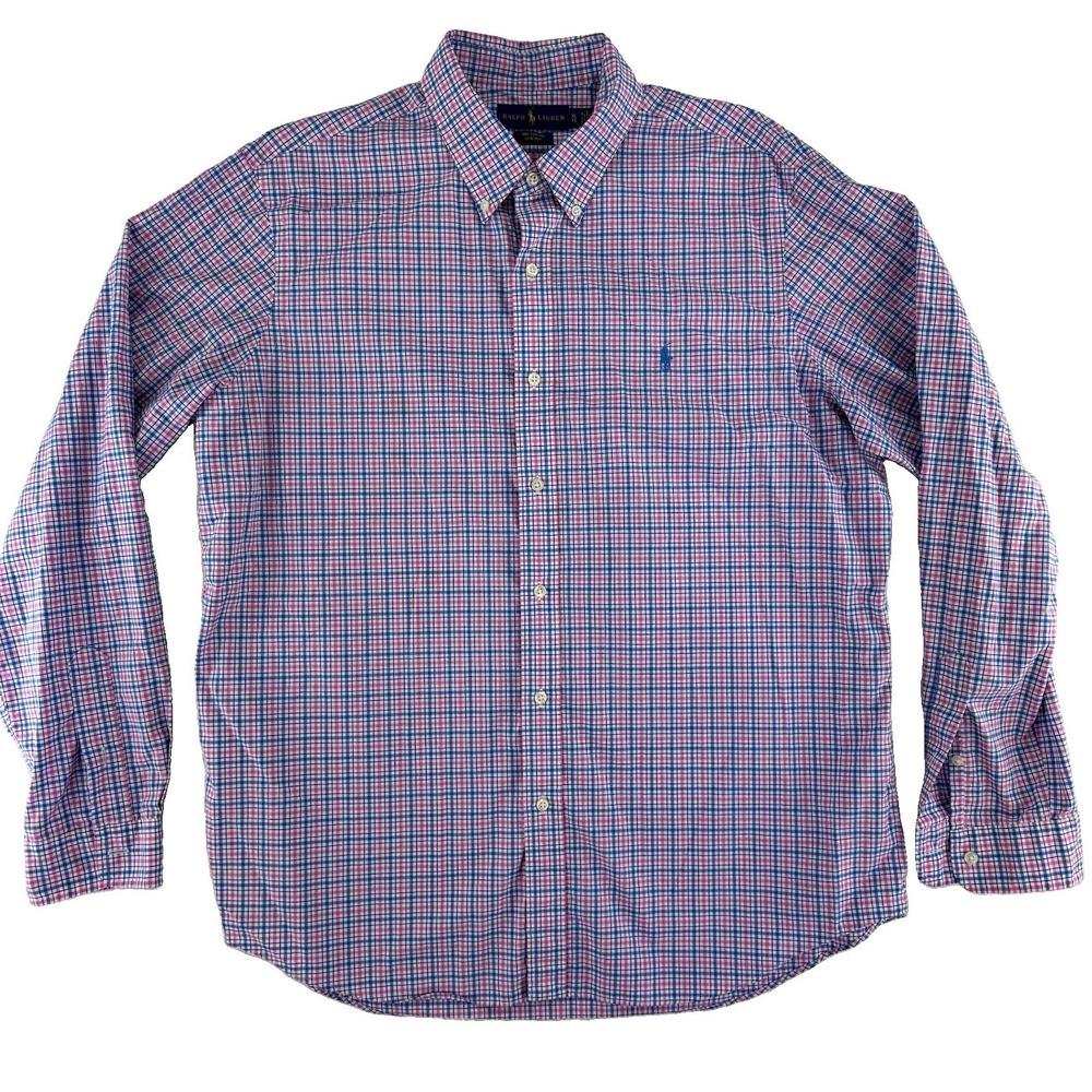 Ralph Lauren Stretch Button Up Shirt Mens‎ XL Pink Blue Pony 100% Cotton